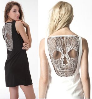 Womens Skull Pattern Openwork Lace Side Zipper Sleeveless Soft Vest 