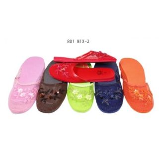 Women’s Chinese Mesh Floral Sequined Slippers Flip Flops Multi color 