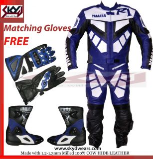 Yamaha Black/Blue Racing Leather Motorcycle suit, Shoes,Glove/ Any 