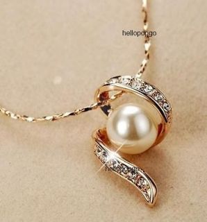 18K Rose Gold GP Swarovski Crystal Big Pearl Hot Necklace CCC43