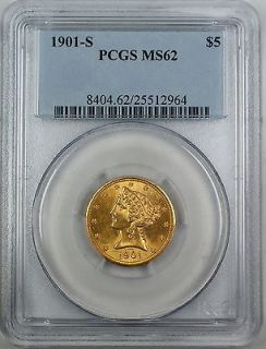 1901 S Liberty $5 Gold Coin, PCGS MS 62, Better Coin, Half Eagle JSE