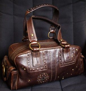 COACH DISTRESSED VINTAGE LACED MIA STUDDED DK BROWN LEATHER TOTE BAG 