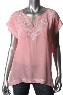 525 America New Pink Silk Embroidered Slash Neck Pullover Top Blouse L 