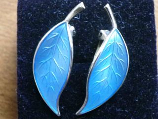 David Andersen D A 925 Blue Enamel Leaf Earrings Norway