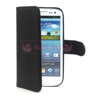 Black Genuine Leather Flip Case Cover w Stand for Samsung i9300 Galaxy 
