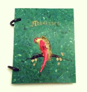 Green Marble Celluloid Parrot Applique Address Book