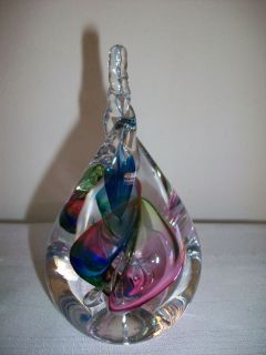 Signed Adam Jablonski Crystal Art Glass Teardrop Paperweight Poland 