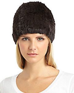 Adrienne Landau Knit Rabbit Fur Beanie Hat Black One Sz NWT $120