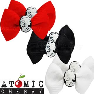 Bow Hair Clips with Skull Cameo Barrettes Rockabilly Pin Up Gothic 