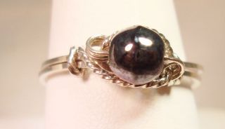 Hematite Bead 925 Sterling Silver Wire Sculpture Ring Size 9 Handmade 