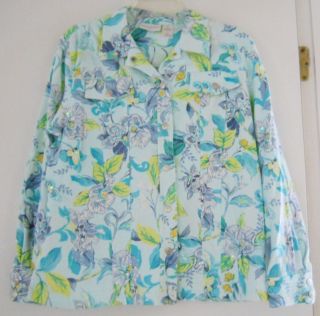 Alfred Dunner Snap Front Jacket Blue Green Floral w Sequins Size 14 