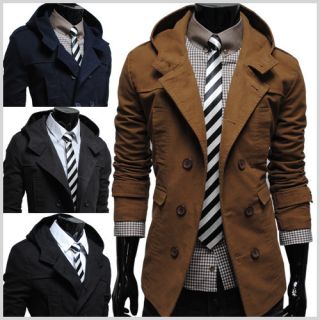 ALM THELEES Mens Casual Double Slim Cotton Hood Trench Coat Jacket 