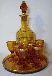 Vintage Amber Depression Glass Set Liquor Bottle Decanter Cordial 