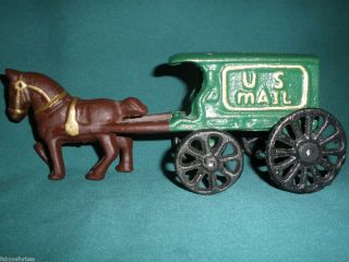 HORSE DRAWN US MAIL WAGON BUGGY Cast Iron TOY Green Gold Brown REPLICA 