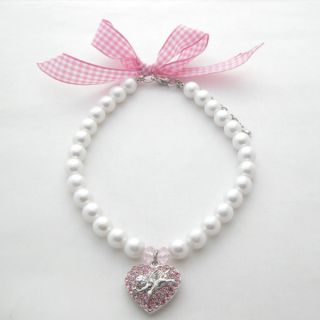   pearls pet necklace with pink heart angel charm pet collor with ribbon