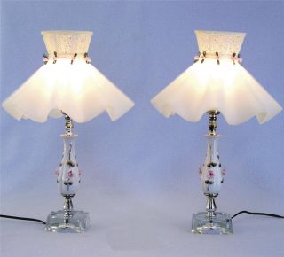 Beautiful Vintage Porcelain Rose Bedroom Lamps w Shades