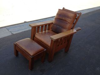 Antique Morris Chair + Ottoman oak leather bungalow style Limbert 