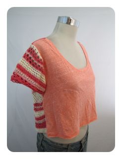 New We The Free/ Free People Coral Combo Crochet Cropped Shirt Small $ 