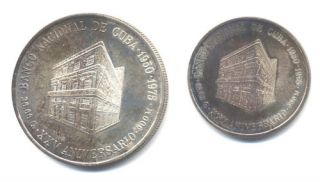 Cuba 5 10 Pesos Silver 1975 25th Ann C Bank KM 36 37