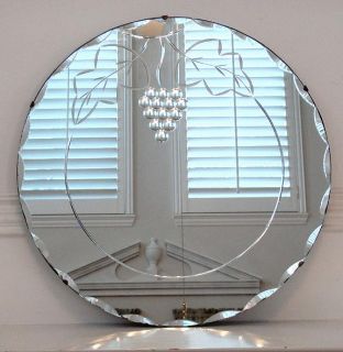 Antique Art Deco Etched Round Scallop Beveled Mirror