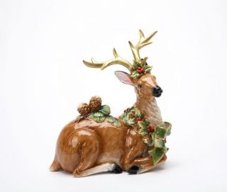 Sitting Reindeer with Large Antlers and Pine Cones Holly Figurine 