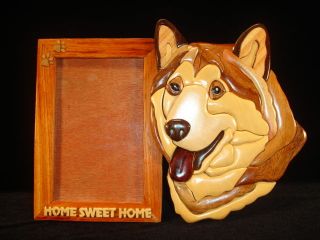   Hand Carved Wood Art Intarsia ALASKAN MALAMUTE DOG Picture Photo Frame