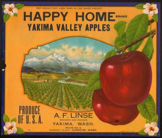 Happy Home Vintage Apple Fruit Crate Label Yakima WA