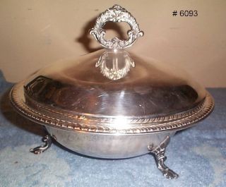 VINTAGE LARGE SILVERPLATE SERVING BOWL WITH GLASS INSERT HAS CLAW FEET 