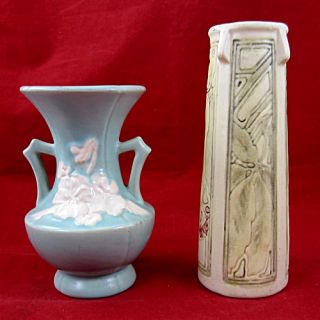 vintage weller art pottery 2 piece vase lot mixed patterns two piece 