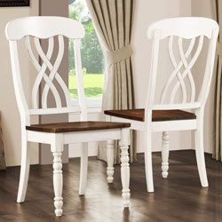 Country Style Wood Distressed Antique Cream Color Dining Chair Set 2 