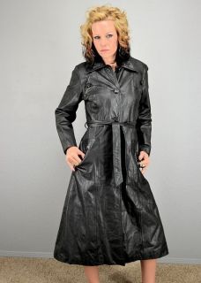 SUPER SEXY Vintage Womens Black BELTED SPY Leather Trench Coat JACKET 