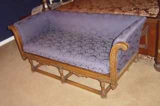 Antique Carved Walnut Gothic Victorian Sofa Blue Damask Down Cushion 