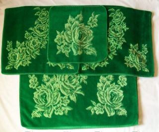 Vintage Shabby Green Rose Velour 4 Piece Towel Set Fieldcrest