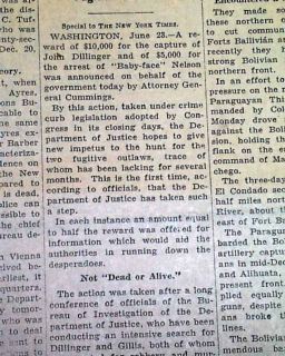 1934 Newspaper John Dillinger Baby Face Nelson Reward Declare Public 