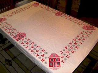 50s Startex Pink Red School House Tablecloth Alphabet Hall Byther 
