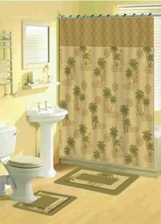 Tropical Floral Bathroom Shower Curtain w Hooks 15 Pcs Bath Mat 