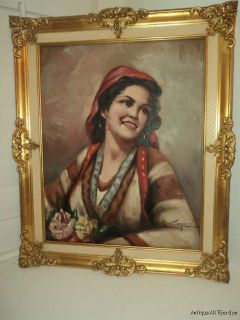 Vintage Oil Portrait Italian Gypsy Woman Signed 1950S