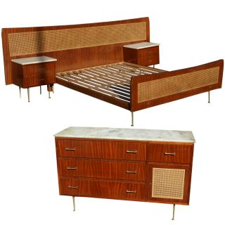   wood cane and brass legs bed frame and night stands also available