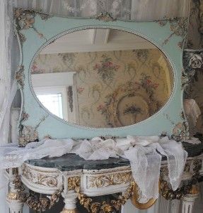 Large Old French Wall Mirror Barbola Gesso Roses Details Beading Oval 
