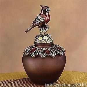 Lovely Bejeweled Red Bird Topped Frosted Perfume Bottle