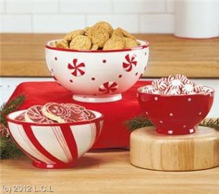 Set of 3 Christmas Holiday Festive Earthenware Serving Bowls 