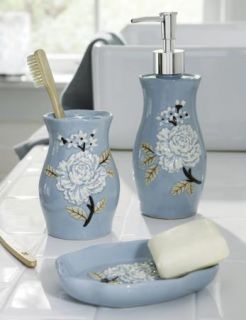 PC Blue Floral Peony Decor Bathroom Sink Accessories Set Ceramic New 