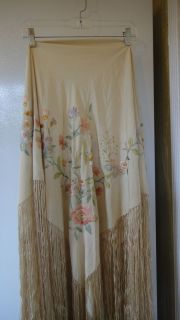 Vintage Cream Silk Embroidered Piano Fringed Shawl