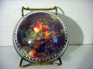 Vtg Paperweight Glass Dome Beaded Basket Orchard Harvest Autumn 
