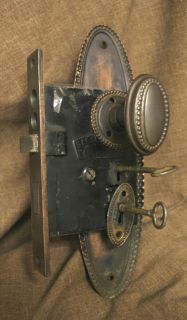 Antique Oval Beaded Door Hardware Exterior Set Iron Knob Handle Plate 