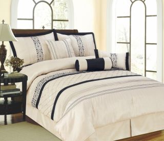 Piece Queen Beige Black Embroidered Bed in A Bag Set