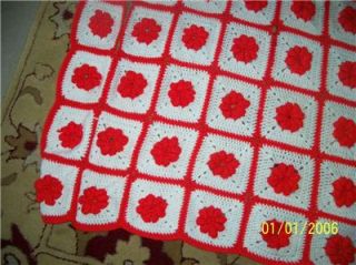   Crocheted AFGHAN Throw Blanket Bedding Throw RED WHITE FLOWERS E