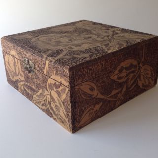 Antique Victorian Flemish Art Nouveau Pyrography Wood Sewing Box Satin 
