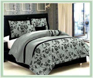   Pcs Flocking Floral Satin Comforter Set Bed In A Bag Queen Aqua/Black