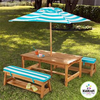 features matching aqua colored canopy and bench cushions made of 